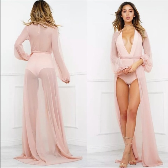Pink sheer long duster Hollywood robe lingerie yacht lounge cover up bikini sexy - Picture 3 of 5
